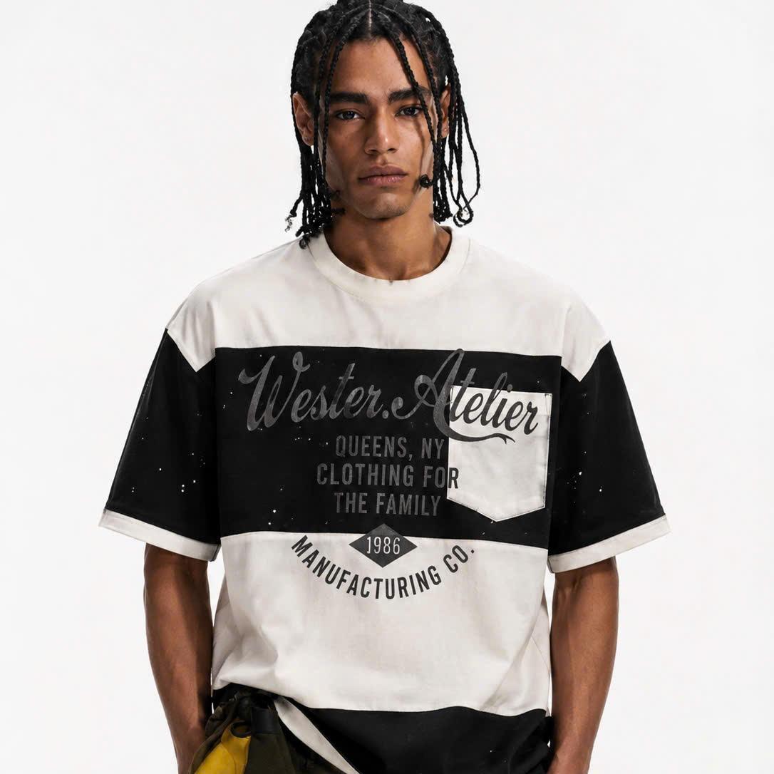 WESTER.ATELIER - Áo Thun Boxy Unisex Cotton Phối Đen Trắng Túi Ngực Vảy Sơn Vintage Streetwear - BX15