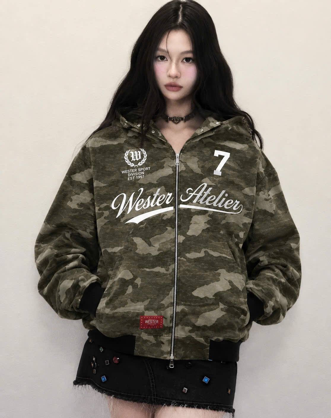 WESTER.ATELIER - Áo Khoác Hoodie Zip 2 Lớp Unisex Chất Liệu Cotton Camo Hình Thêu Đính Nút Nón Vintage Streetwear - JK05