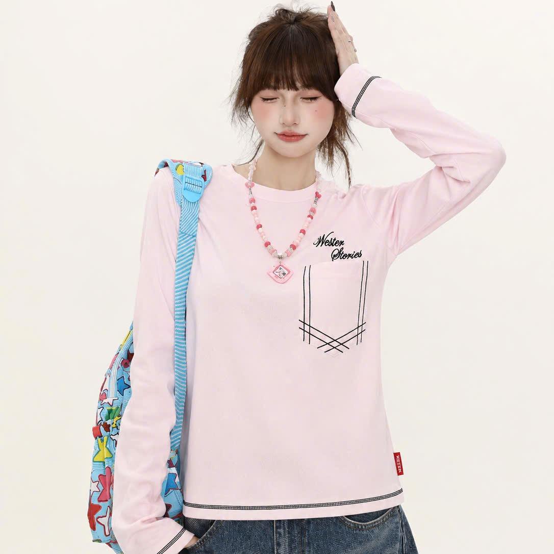 WESTER.ATELIER - Áo Thun Tay Dài Boxy Unisex Waffle Dày Túi Thêu Đánh Bông Hồng Phấn Vintage Streetwear - BX20