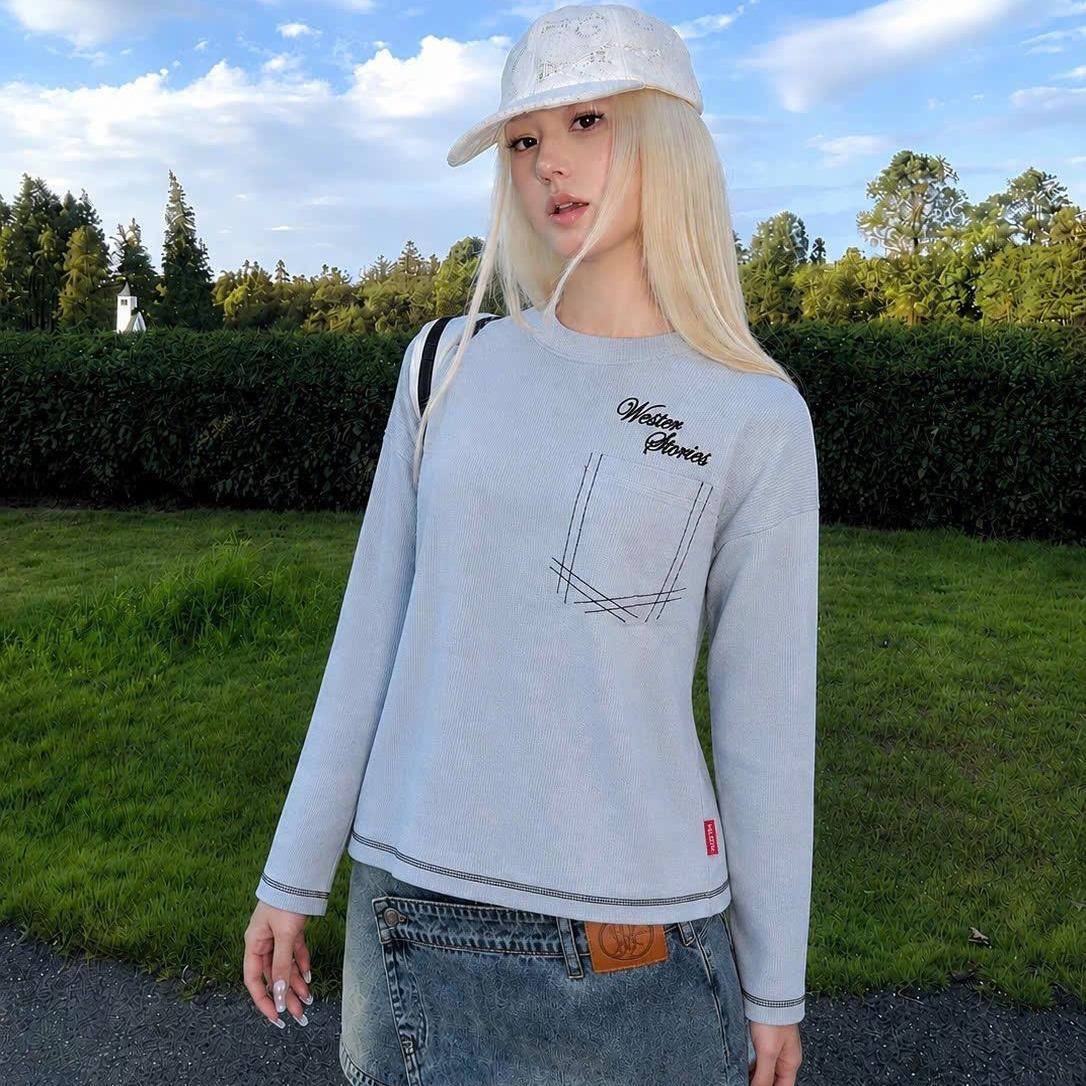 WESTER.ATELIER - Áo Thun Tay Dài Boxy Unisex Waffle Dày Túi Thêu Đánh Bông Vintage Streetwear - BX22