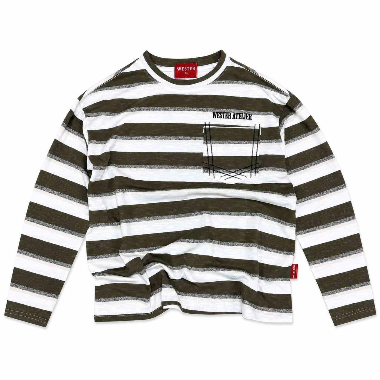 WESTER.ATELIER - Áo Thun Tay Dài Unisex Cotton Xược 220GSM Mỏng Mát Trắng Sọc Xám Túi Ngực - BX27